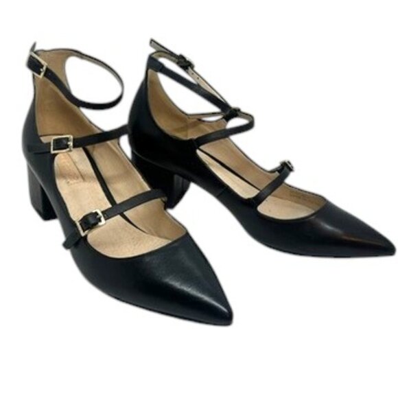 TOPSHOP JOLENE BLACK LEATHER STRAP MARY JANE BLOCK HEEL POINTED TOE 6.5 - Picture 1 of 15